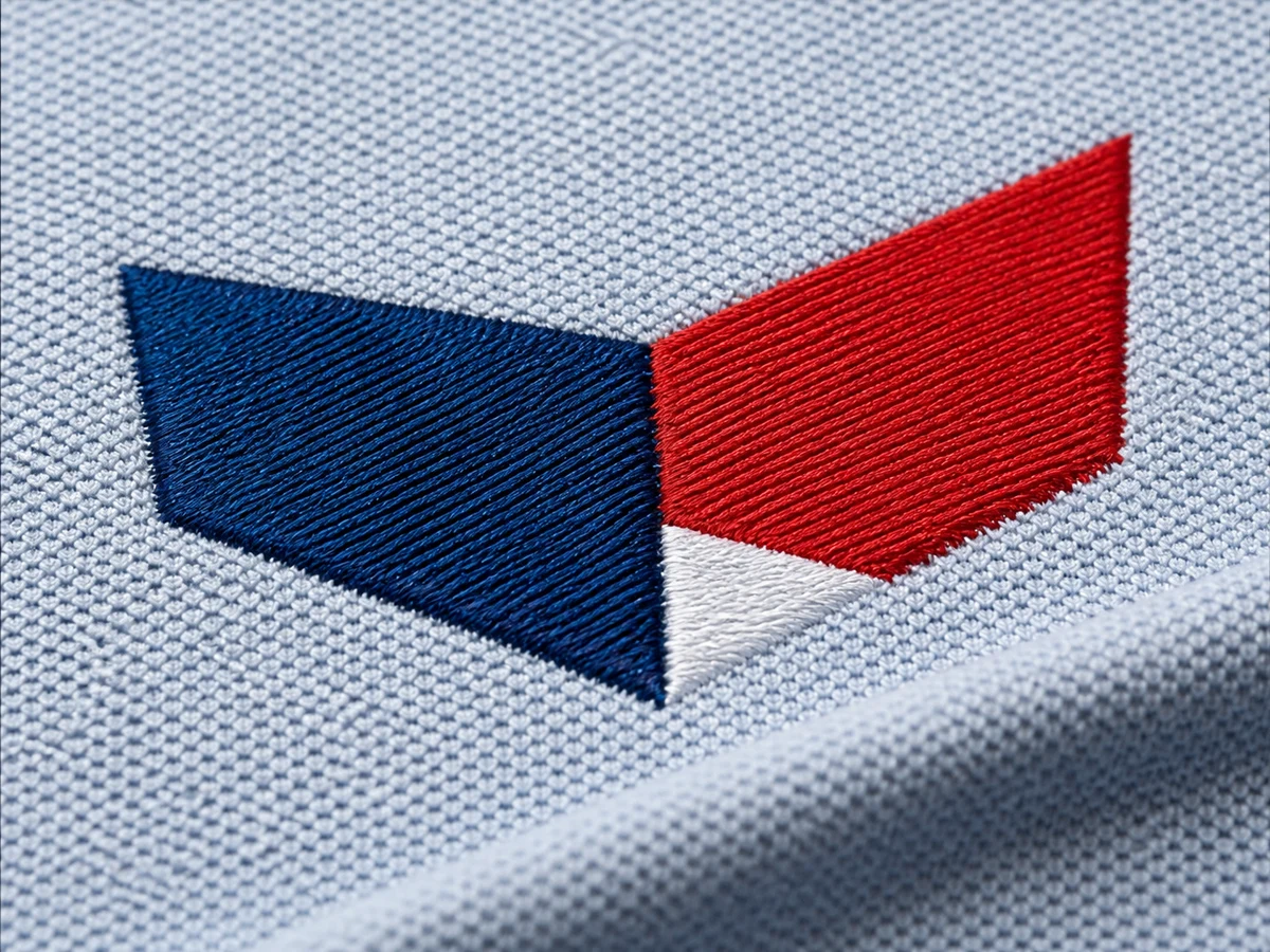 Close-up of raised red, navy, and white embroidery stitches on piqué fabric