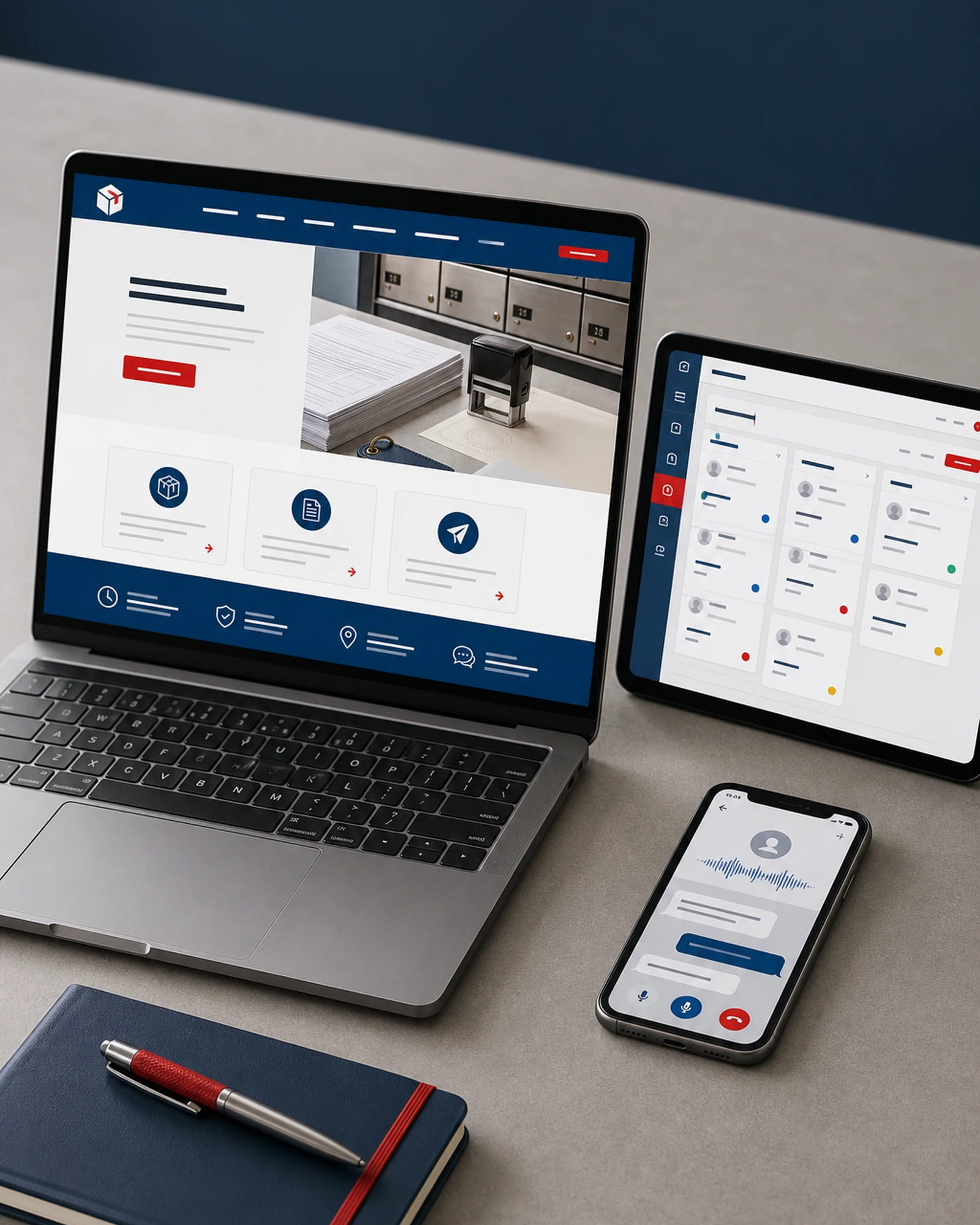 A local business website on a laptop, a CRM board on a tablet, and a voice assistant call on a phone