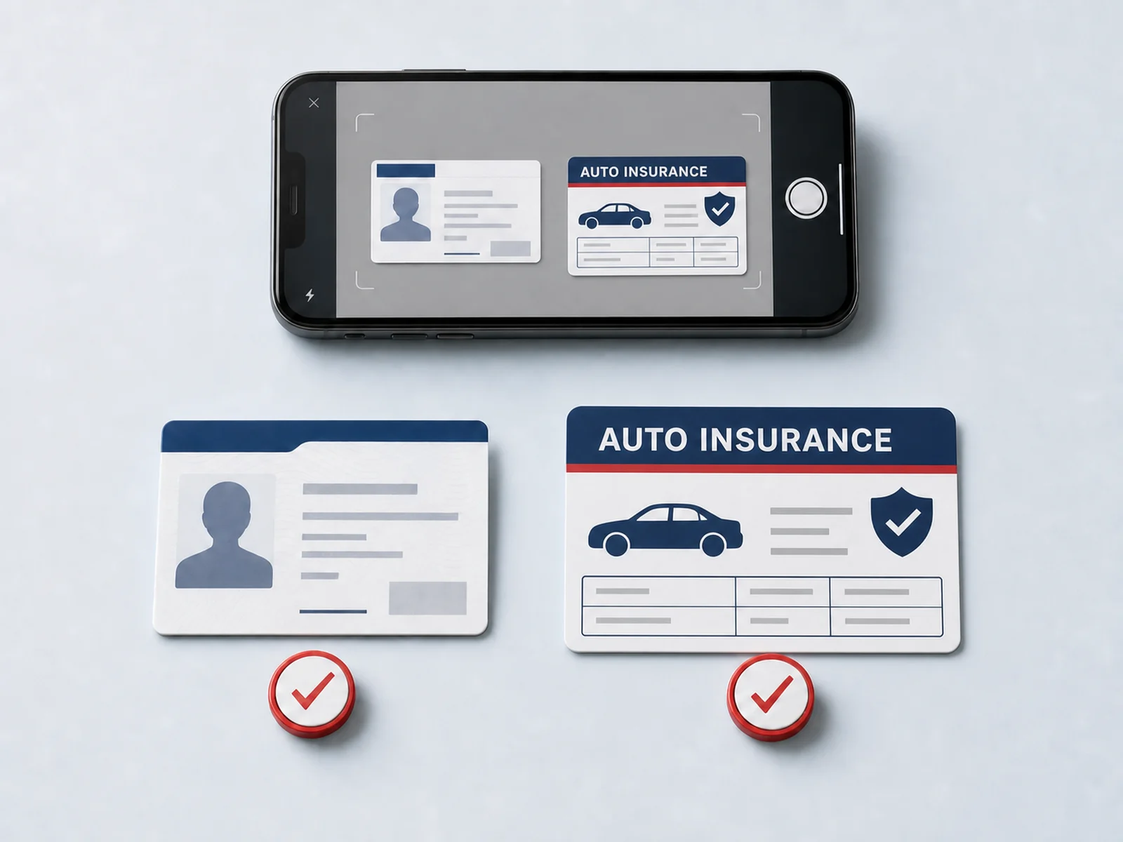 A photo ID and an insurance card being photographed with a smartphone, a red check beside each