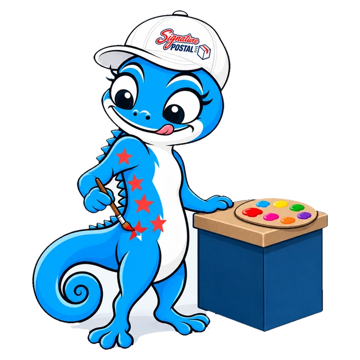 Pixel the chameleon, paintbrush in hand, adding the fifth red star