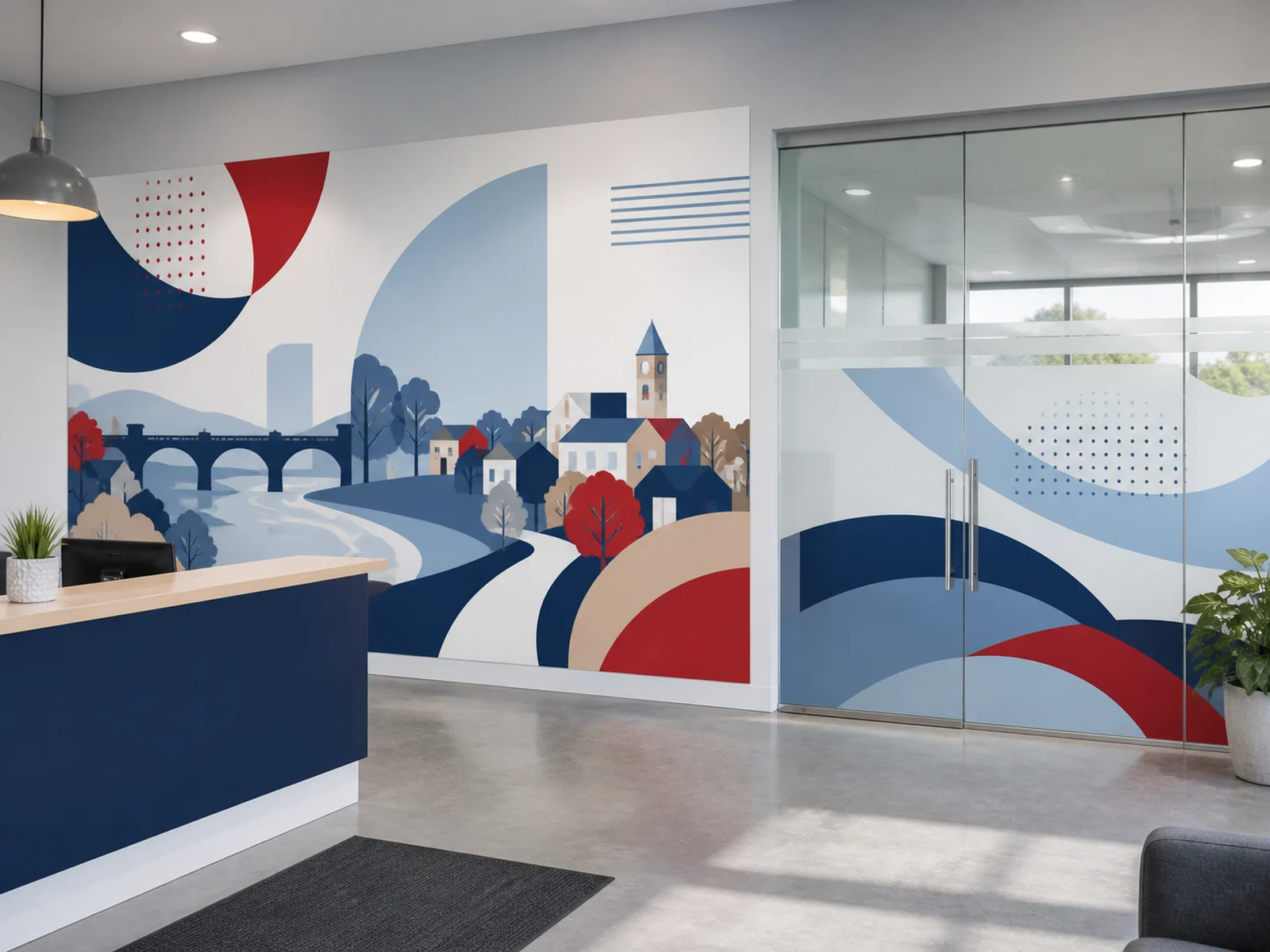 An office lobby with frosted glass graphics