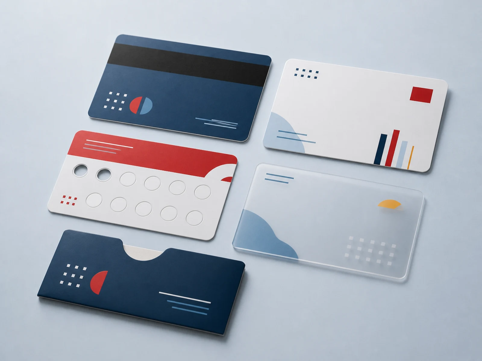 Four plastic loyalty, punch, and gift cards including one with a magstripe