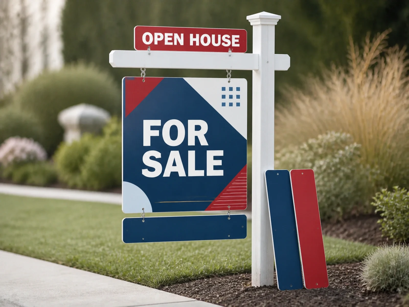 A colonial style real estate sign post with a main sign and top and bottom riders