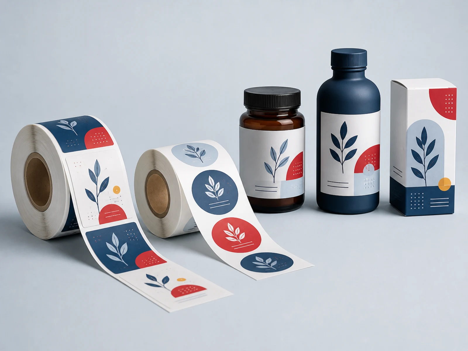 Two rolls of printed labels, an unspooled strip, and three labeled containers