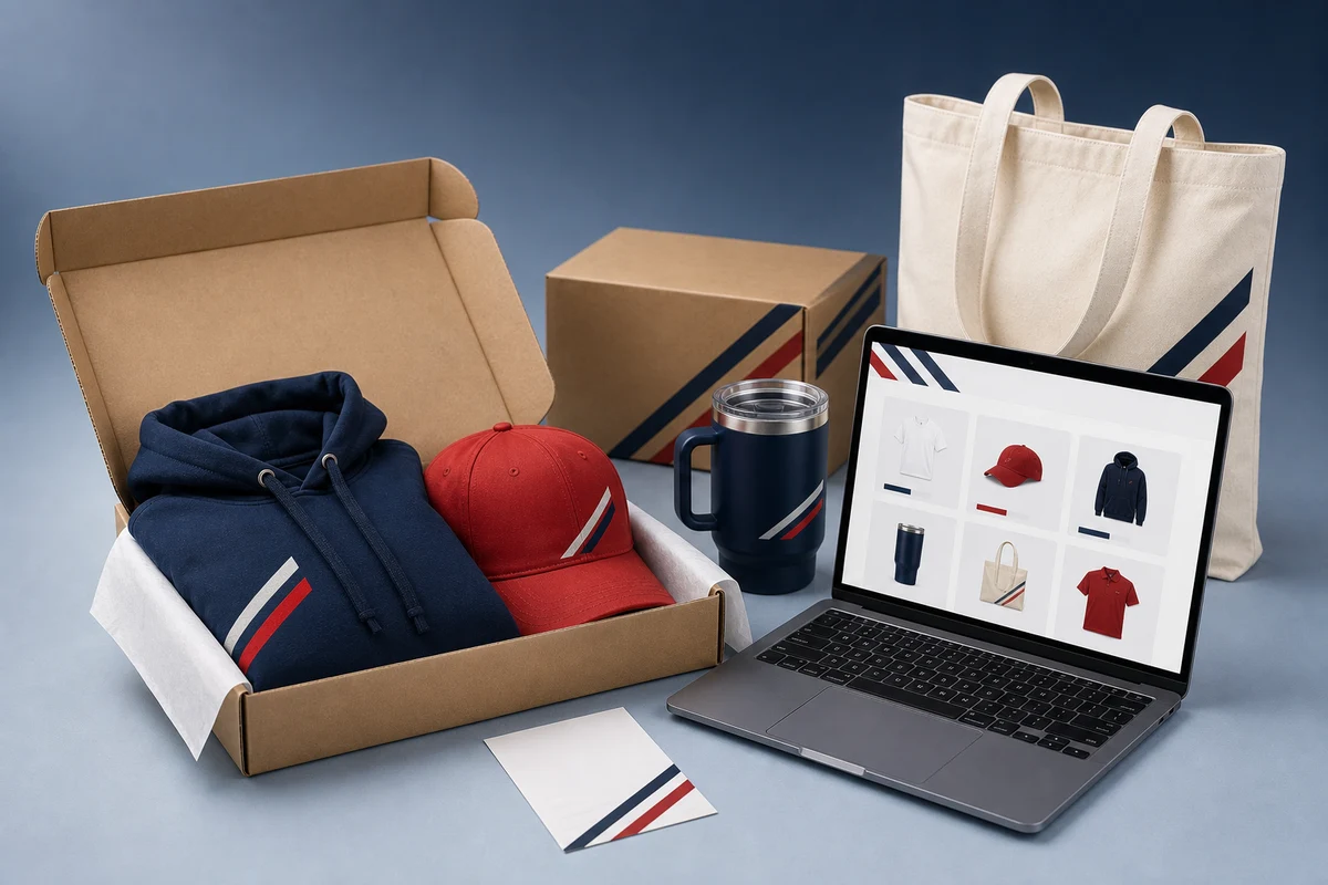 Online brand store with branded merchandise prepared for fulfillment