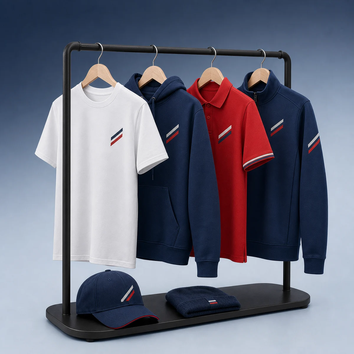 Branded shirts, hoodie, polo, quarter-zip, cap, and beanie