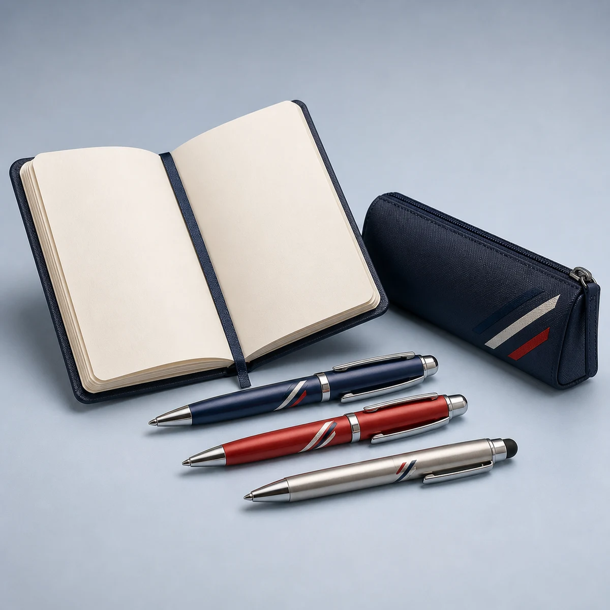 Premium notebook, pens, stylus, and zippered pouch