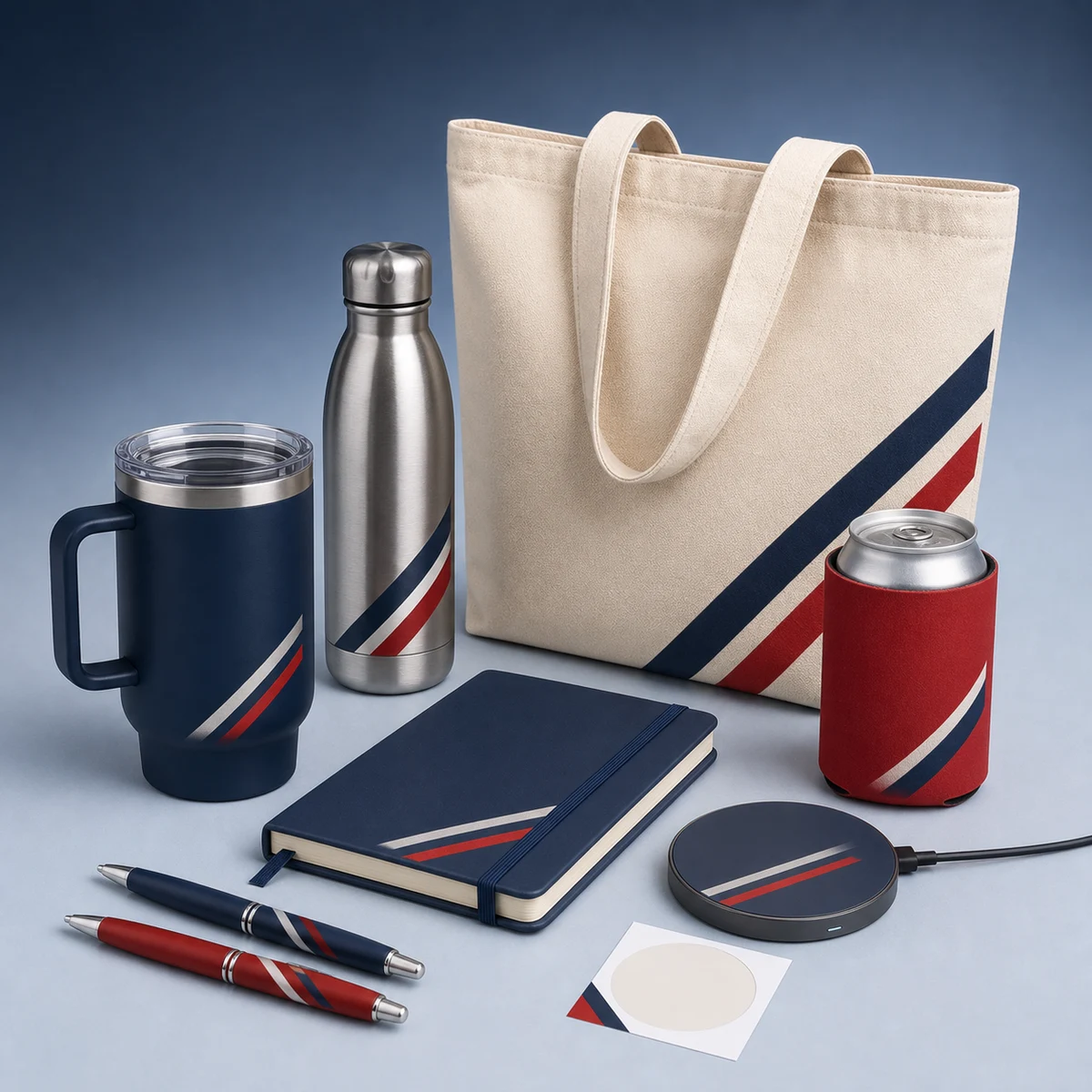 Coordinated drinkware, tote, notebook, pens, charger, and can cooler