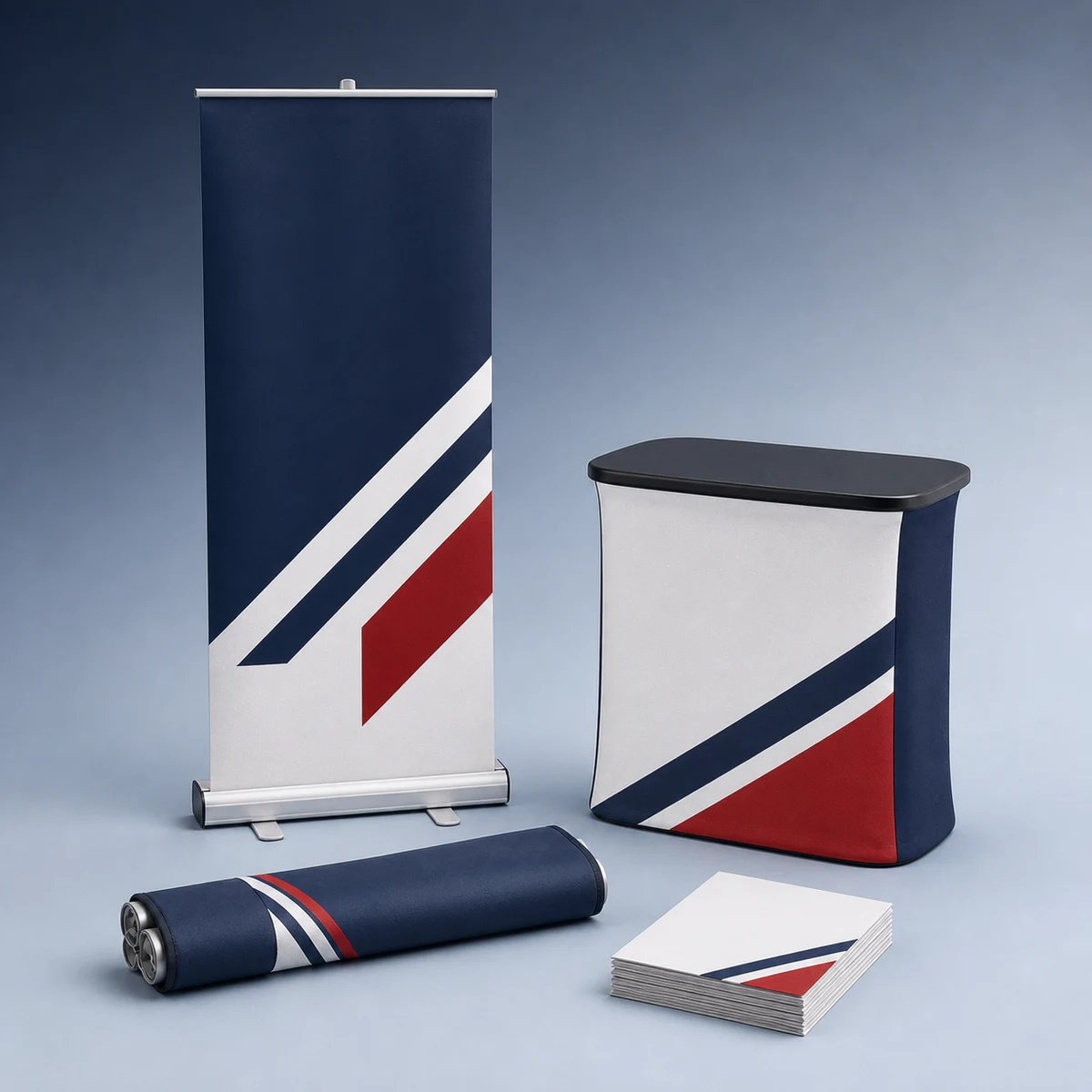 Portable banner stand, display counter, fabric banner, and handout cards