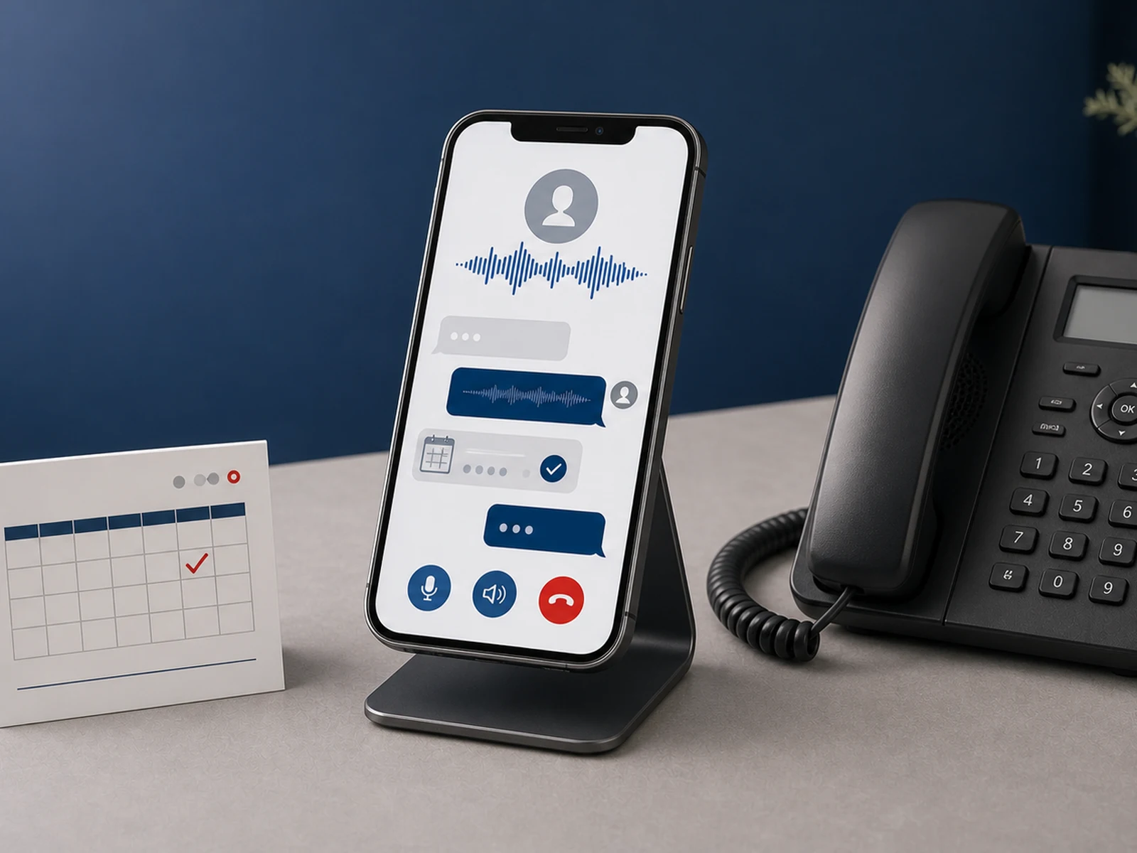 Smartphone AI receptionist beside a business phone and appointment calendar