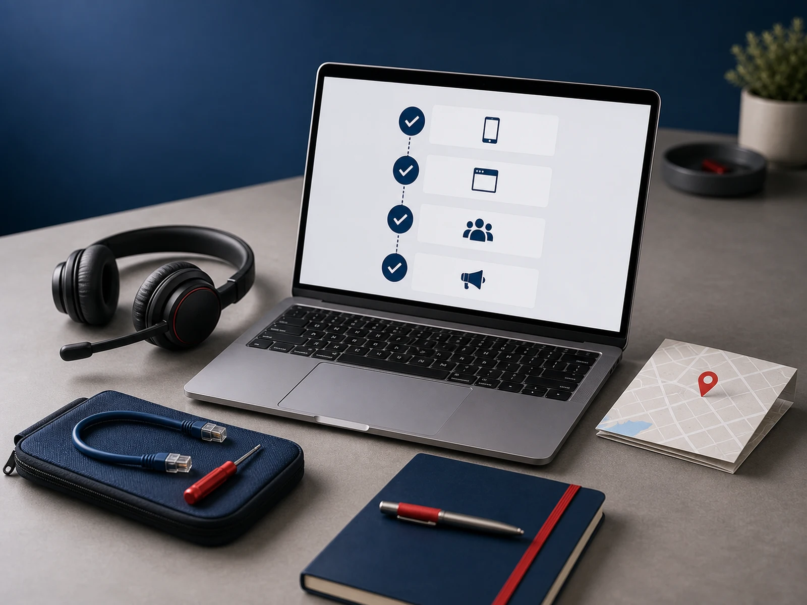 Business technology setup with laptop, support headset, tools, and local map