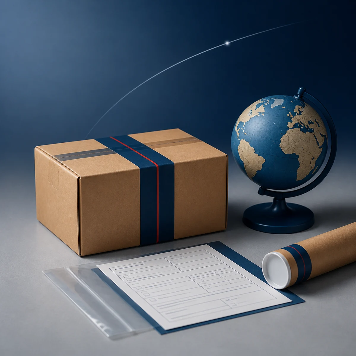 International parcel beside a globe, customs paperwork, and document sleeve